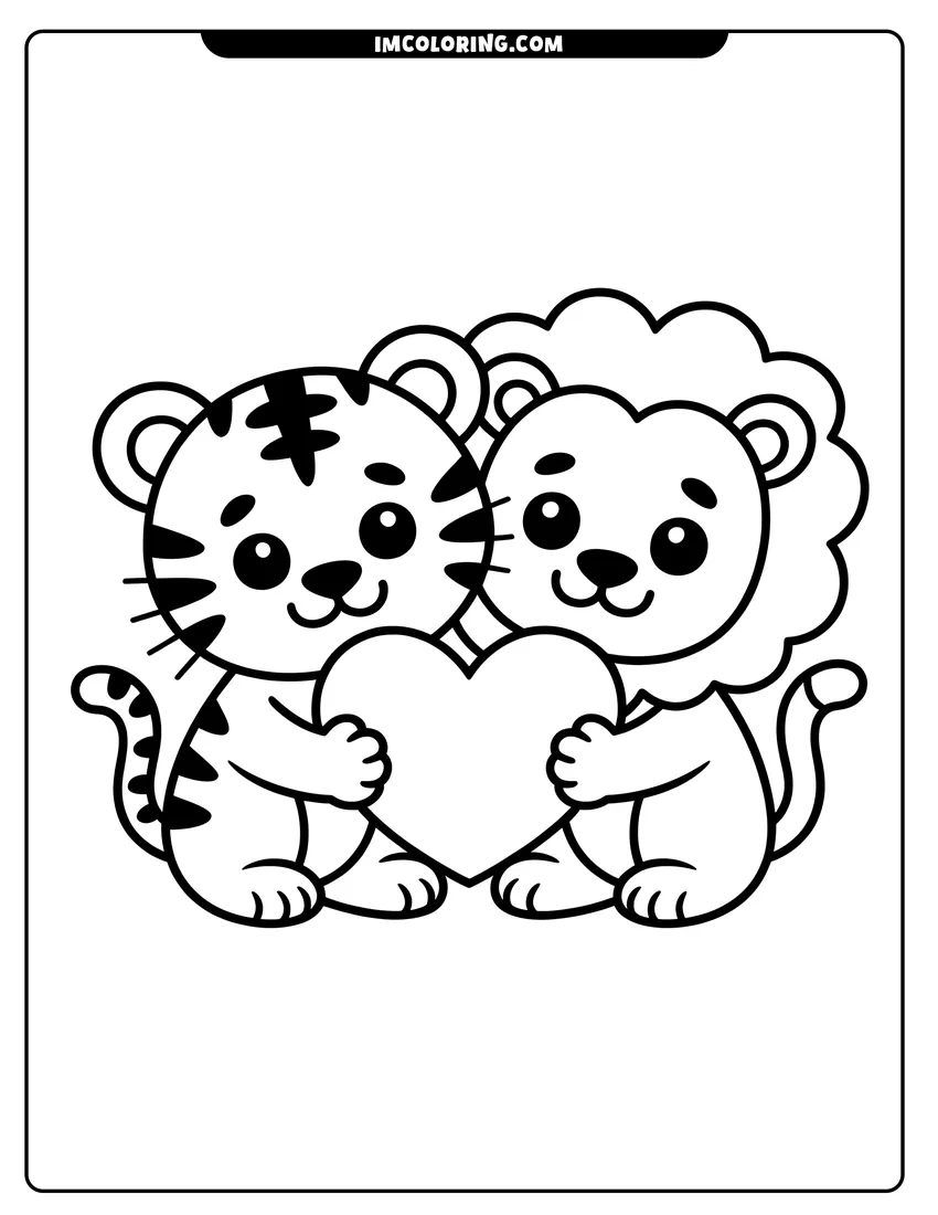 Outline drawing of A cartoon lion cub and tiger cub sitting together and holding a large heart shape between them