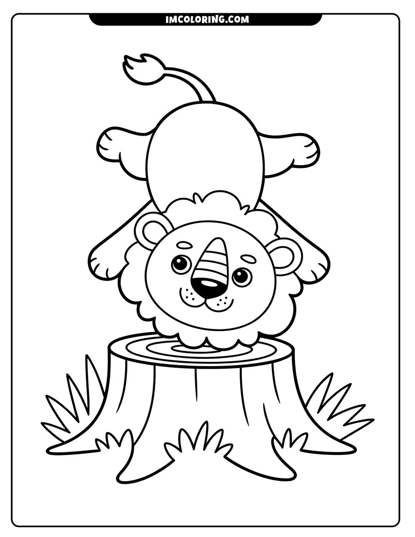 Coloring page of A cute cartoon lion cub balancing upside down on a tree stump with thick black outlines for coloring
