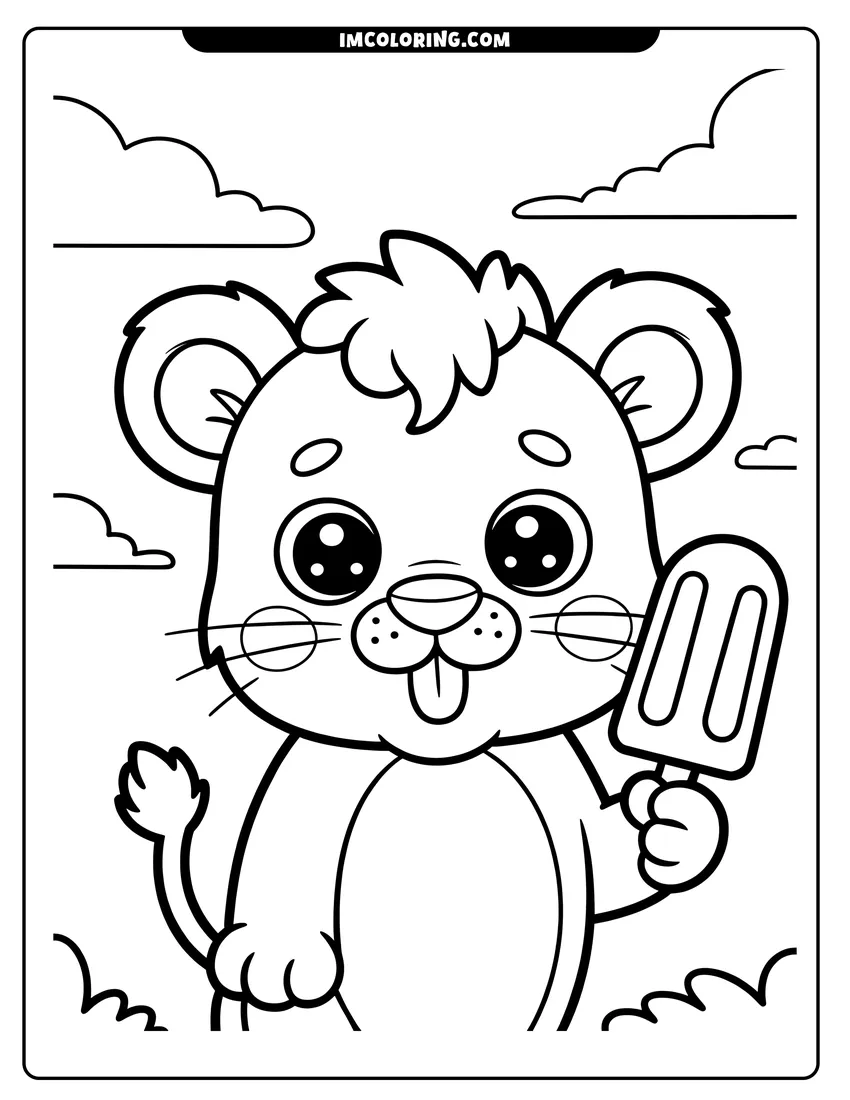 Black and white line art of A cute baby lion with big eyes holding a popsicle and sticking its tongue out under the clouds