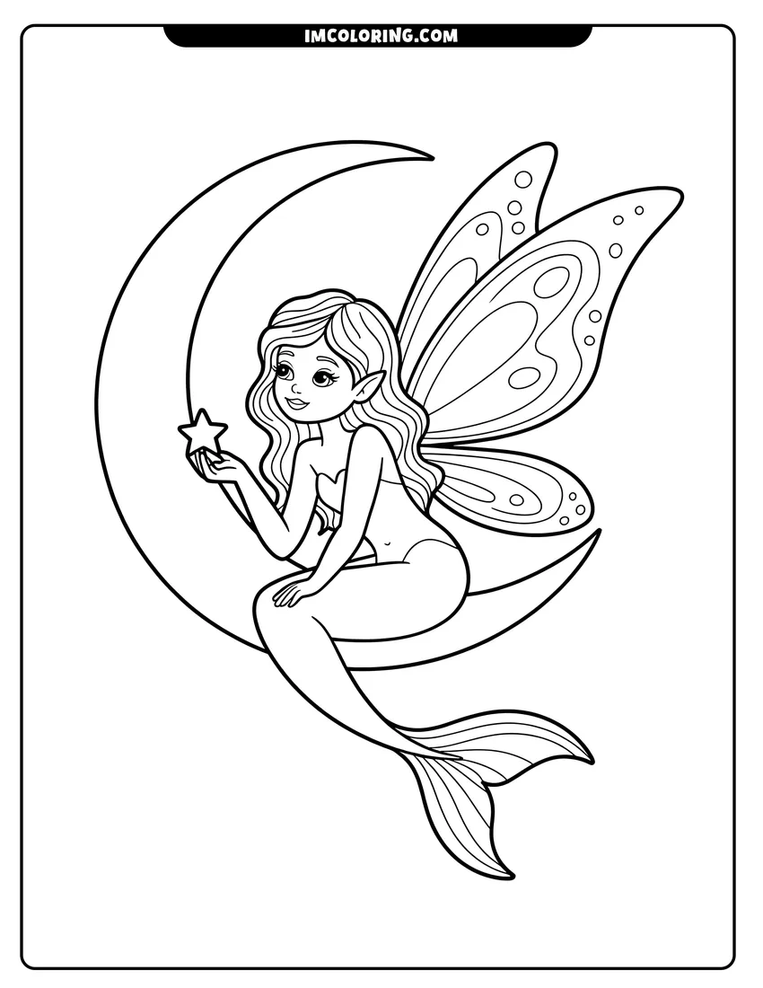Outline drawing of A mermaid with fairy wings sitting on a crescent moon holding a star in her hand