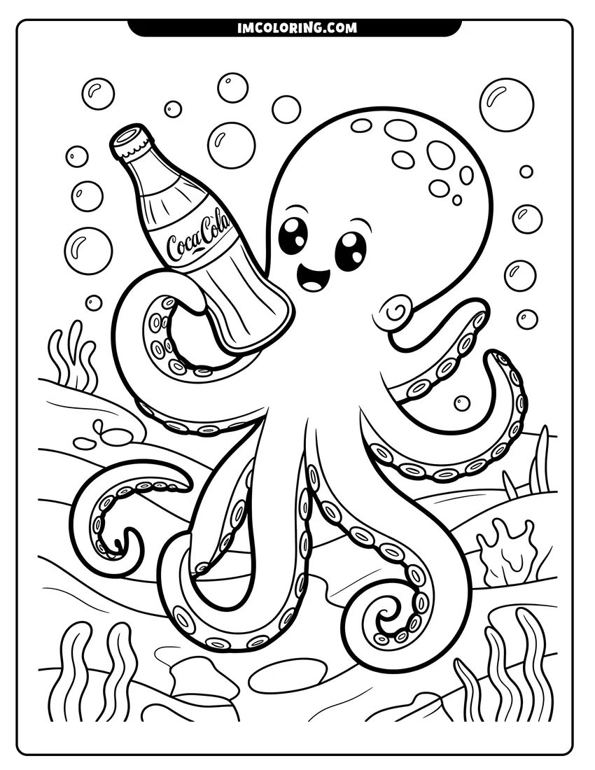 Outline drawing of A happy octopus holding a glass soda bottle underwater with bubbles, seaweed, and coral in the background