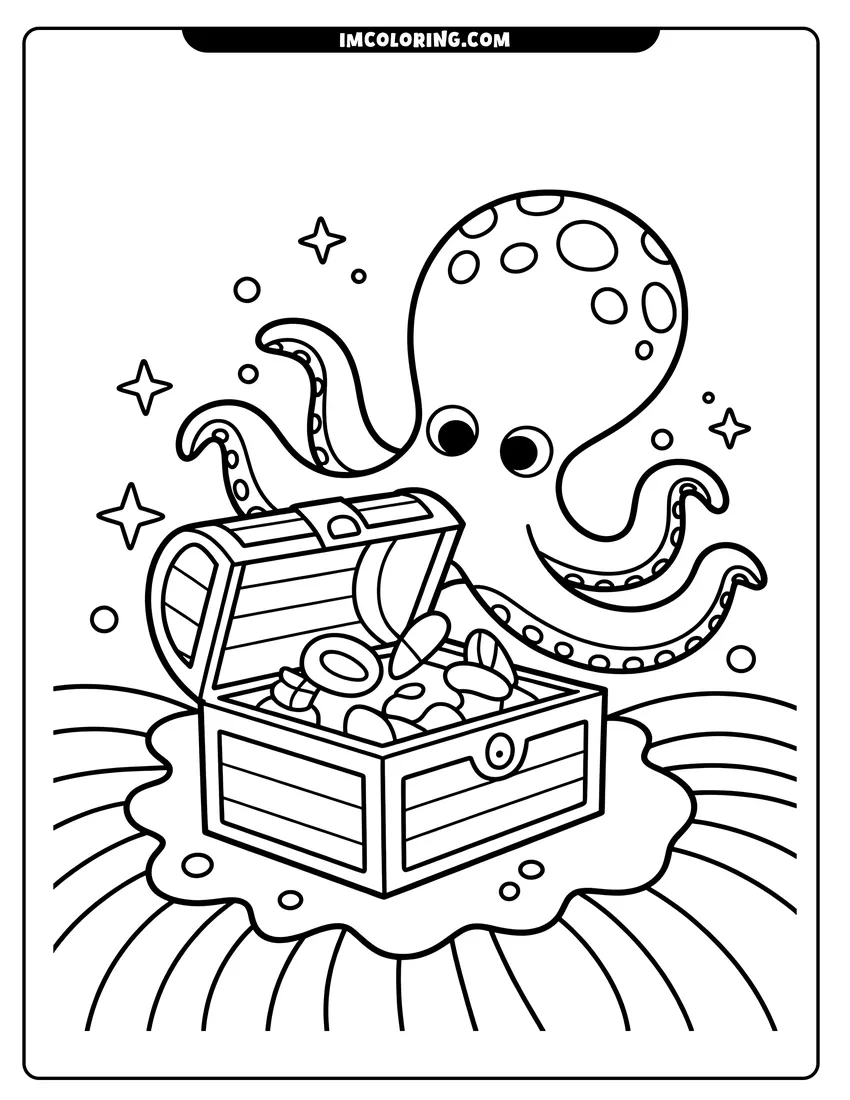 Downloadable coloring page of A cartoon octopus smiling behind an open treasure chest filled with jewels and gold coins on the seabed