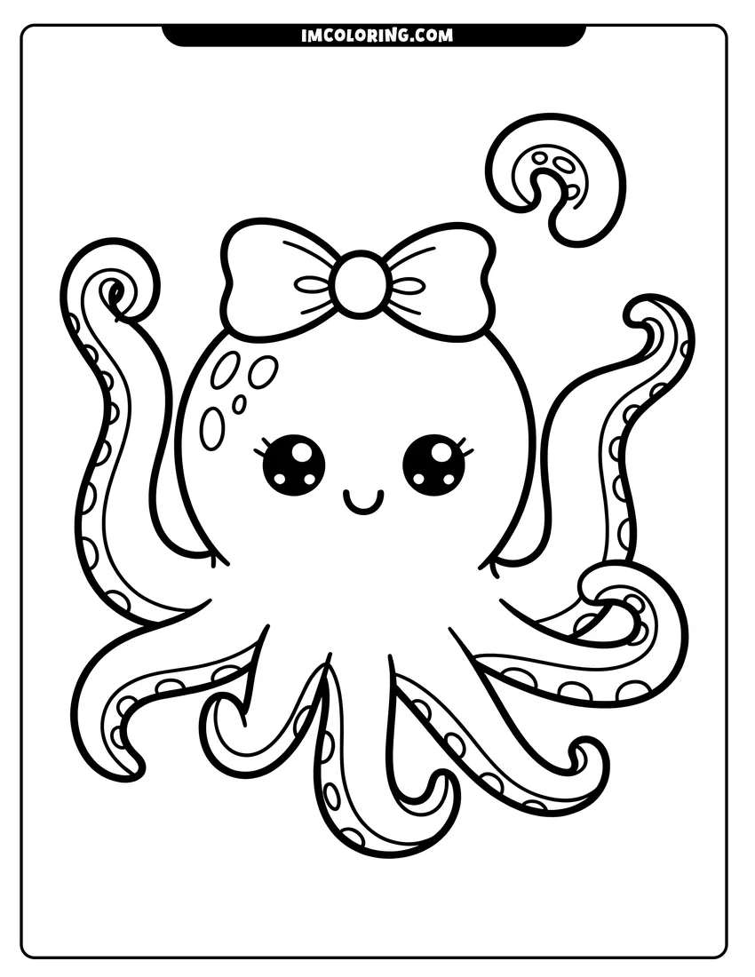 Coloring sheet featuring A cute kawaii octopus with large eyes and a big bow on its head smiling underwater