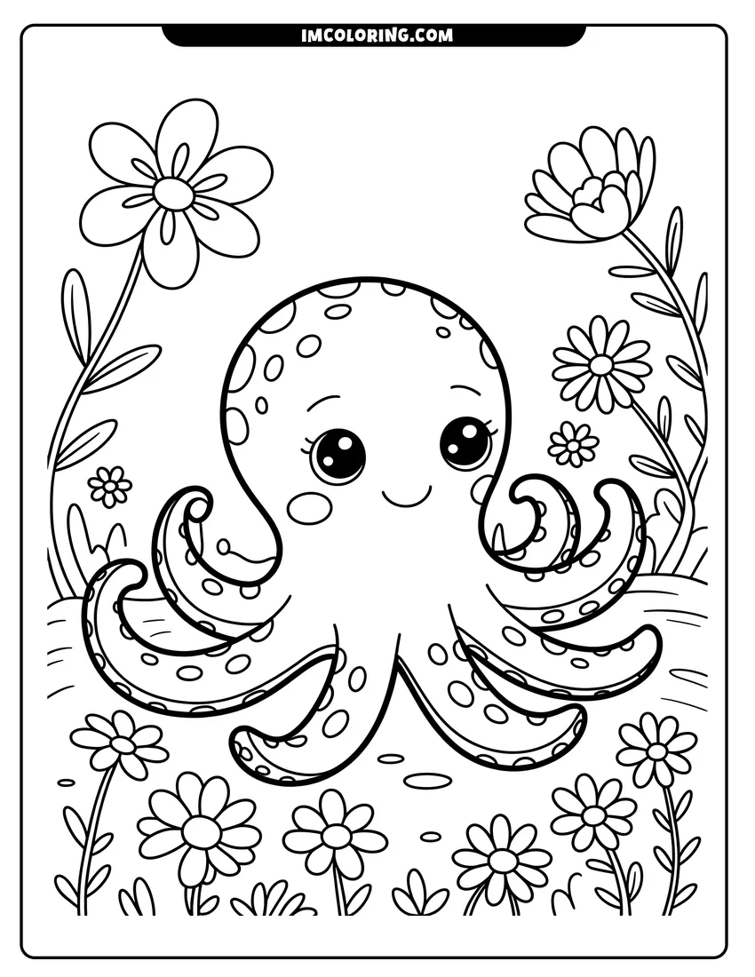 Printable line art of A cute cartoon octopus with big eyes smiling while surrounded by various flowers and plants in a garden