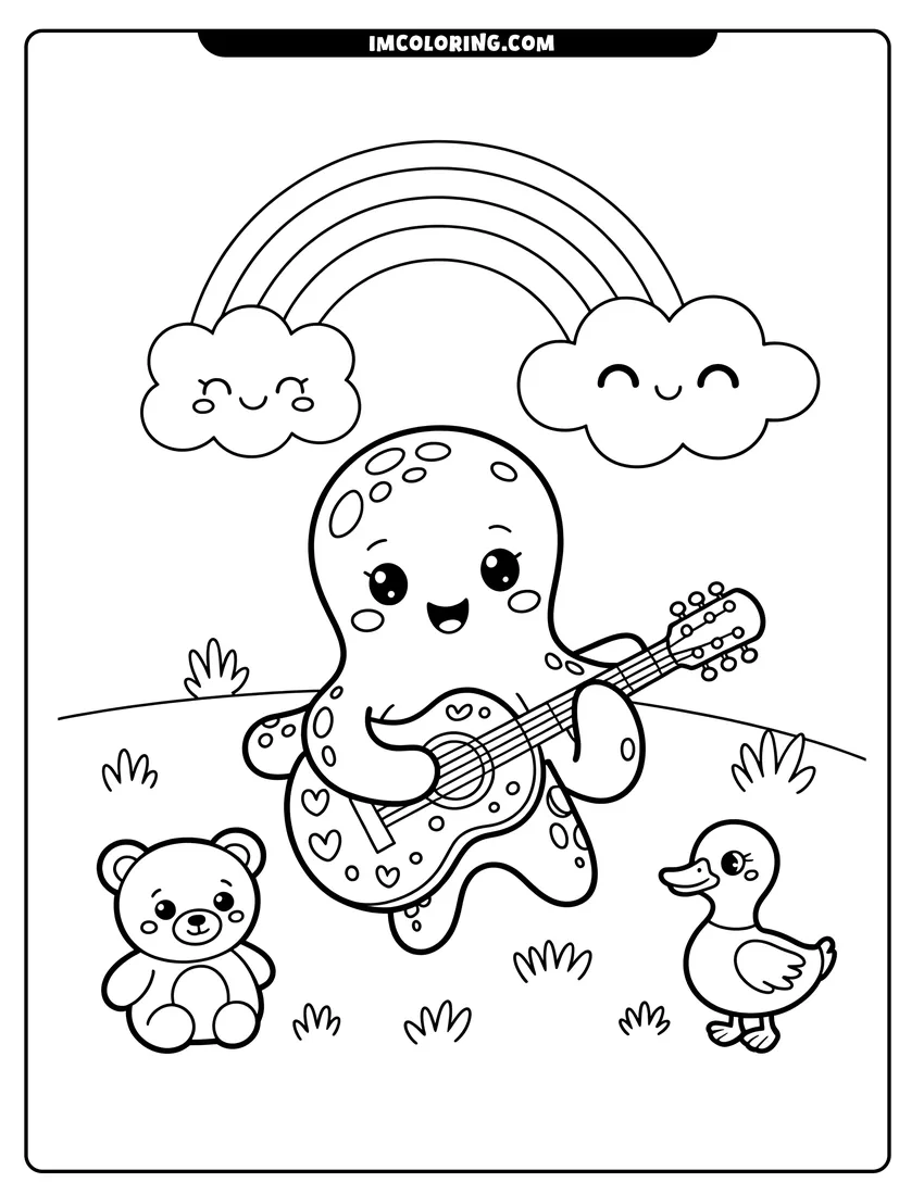 Free to print drawing of A happy octopus playing guitar for a teddy bear and duckling under a rainbow with smiling clouds