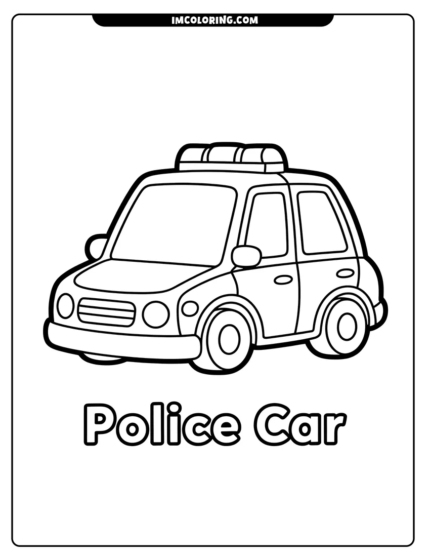 Printable line art of A friendly police car with round headlights and a siren on top, designed with thick black outlines