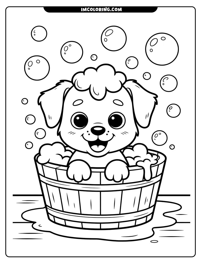 Free to print drawing of A cute puppy sitting inside a wooden wash tub surrounded by floating soap bubbles