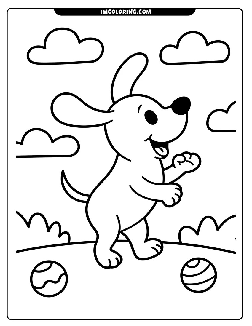 Linear illustration of A happy cartoon dog stands on its hind legs near two toy balls under a cloudy sky