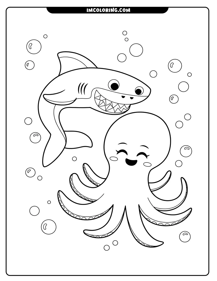 Simple sketch of A happy cartoon shark and a smiling octopus swim together surrounded by many bubbles under the sea to color