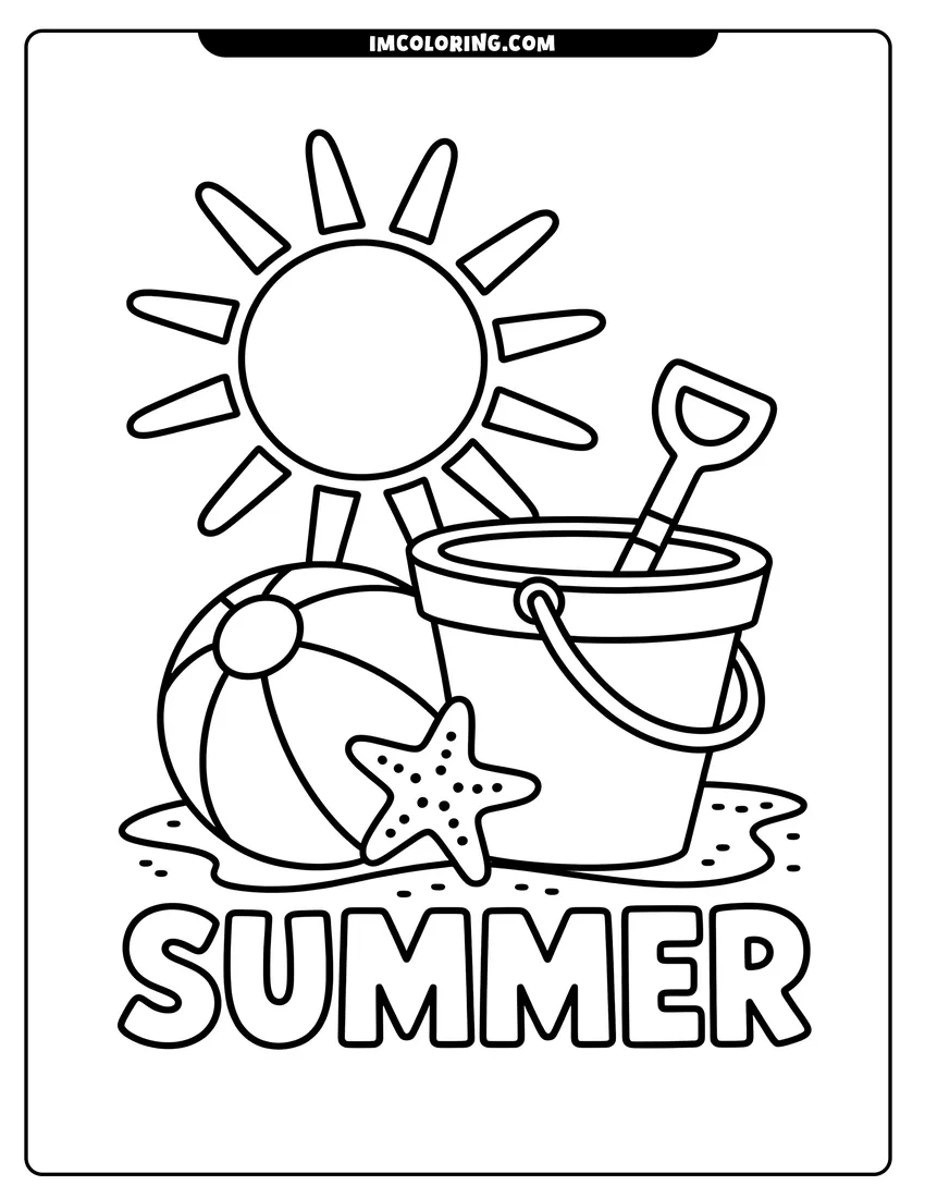 Printable line art of Beach toys including a bucket, shovel, ball, and starfish rest on the sand under a shining sun
