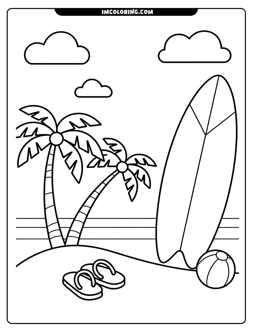 PDF style coloring page: A surfboard, beach ball, and flip flops on the sand with palm trees and ocean waves behind