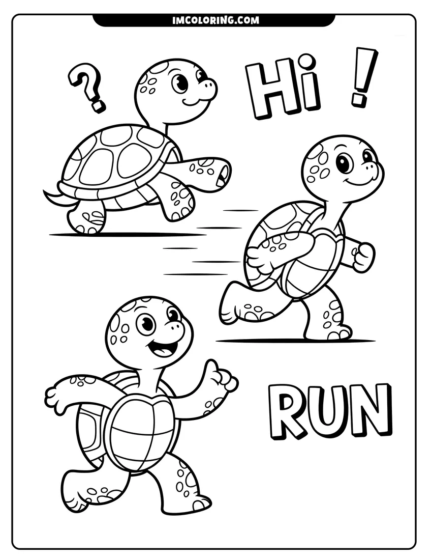 Simple sketch of Three cute cartoon turtles with happy faces racing while waving and saying hi to each other to color