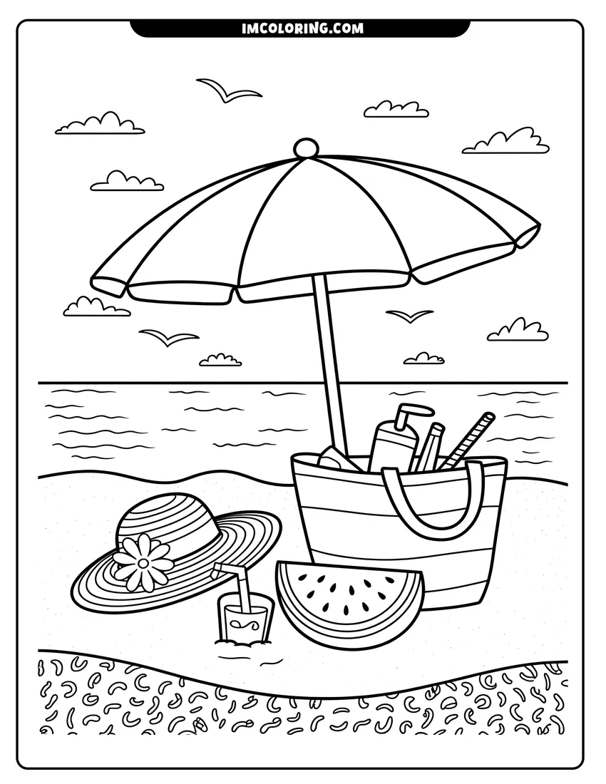 Coloring page of A beach scene featuring an umbrella, beach bag, sun hat, watermelon slice, and drink by the ocean