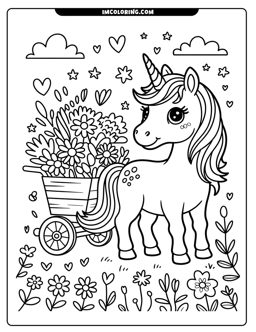 Downloadable coloring page of A cute baby unicorn standing next to a flower-filled wooden cart surrounded by stars and hearts