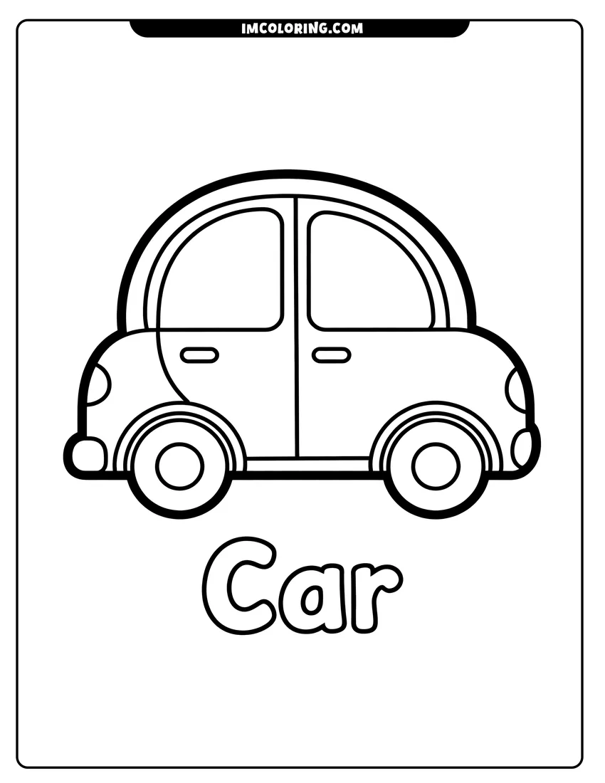 Doodle style coloring picture of A simple outline of a round cartoon car with thick lines and the word car written below it