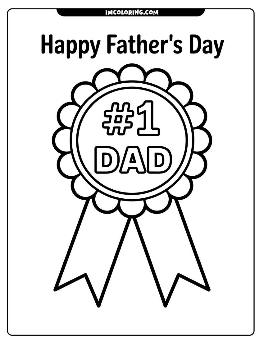 Free to print drawing of A prize ribbon badge featuring the text number one dad with a Happy Father's Day message above