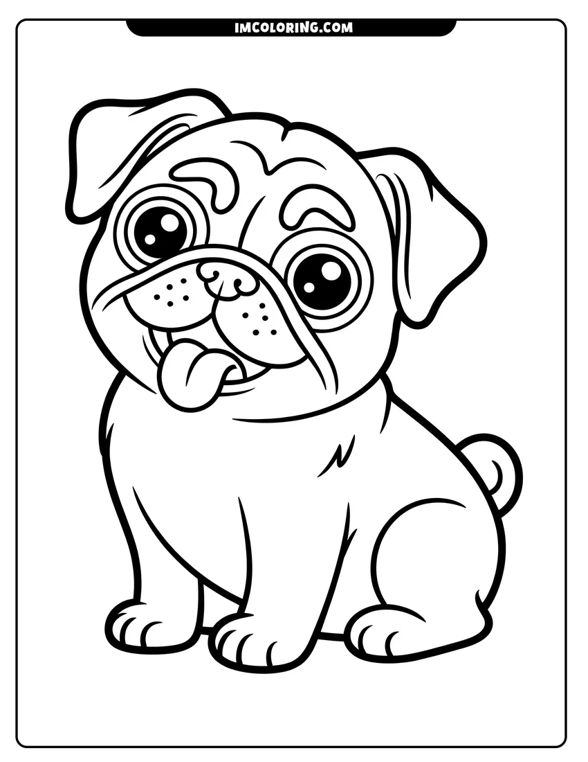 Coloring page for kids: A cute cartoon pug puppy sitting down with its tongue out and big expressive eyes