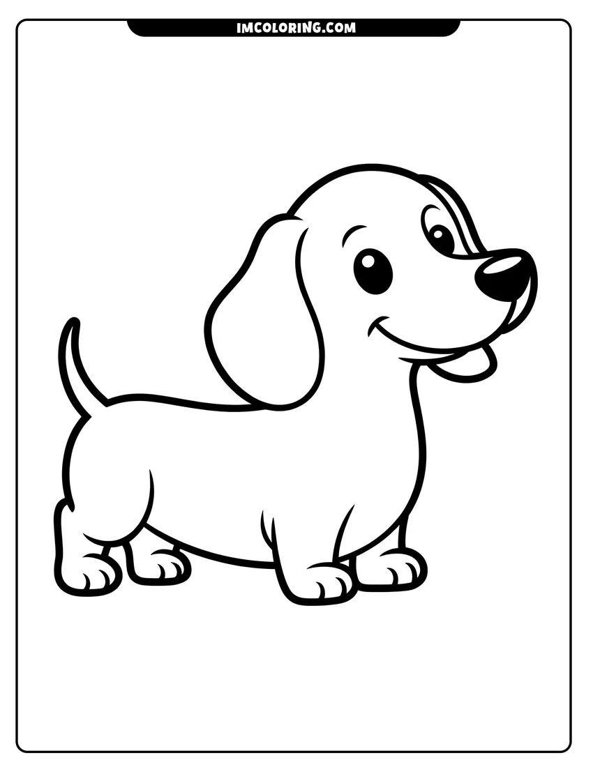 Coloring page for kids: A cute cartoon dachshund puppy with a happy smile standing in a simple profile view