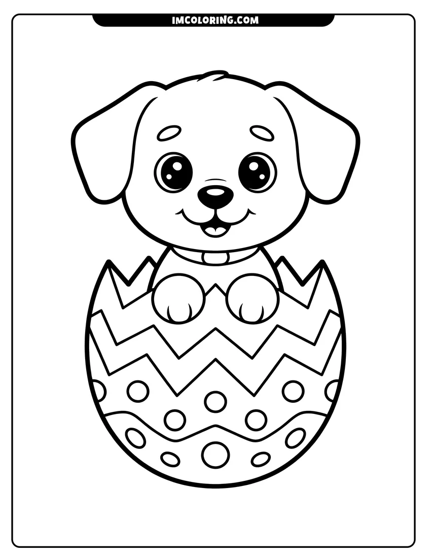 PDF style coloring page: A happy cartoon puppy with large eyes popping out of a cracked, decorated Easter egg with patterns