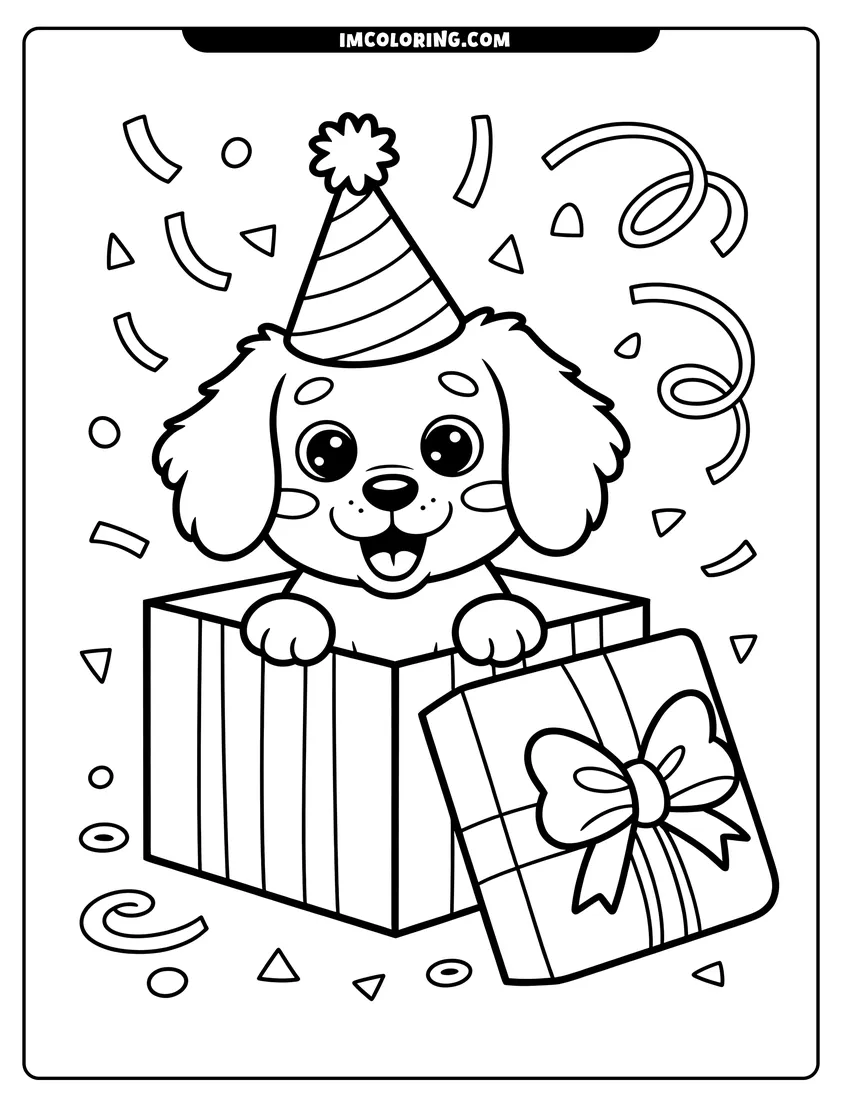 Printable line art of A cute puppy wearing a birthday hat popping out of a striped gift box with confetti and streamers