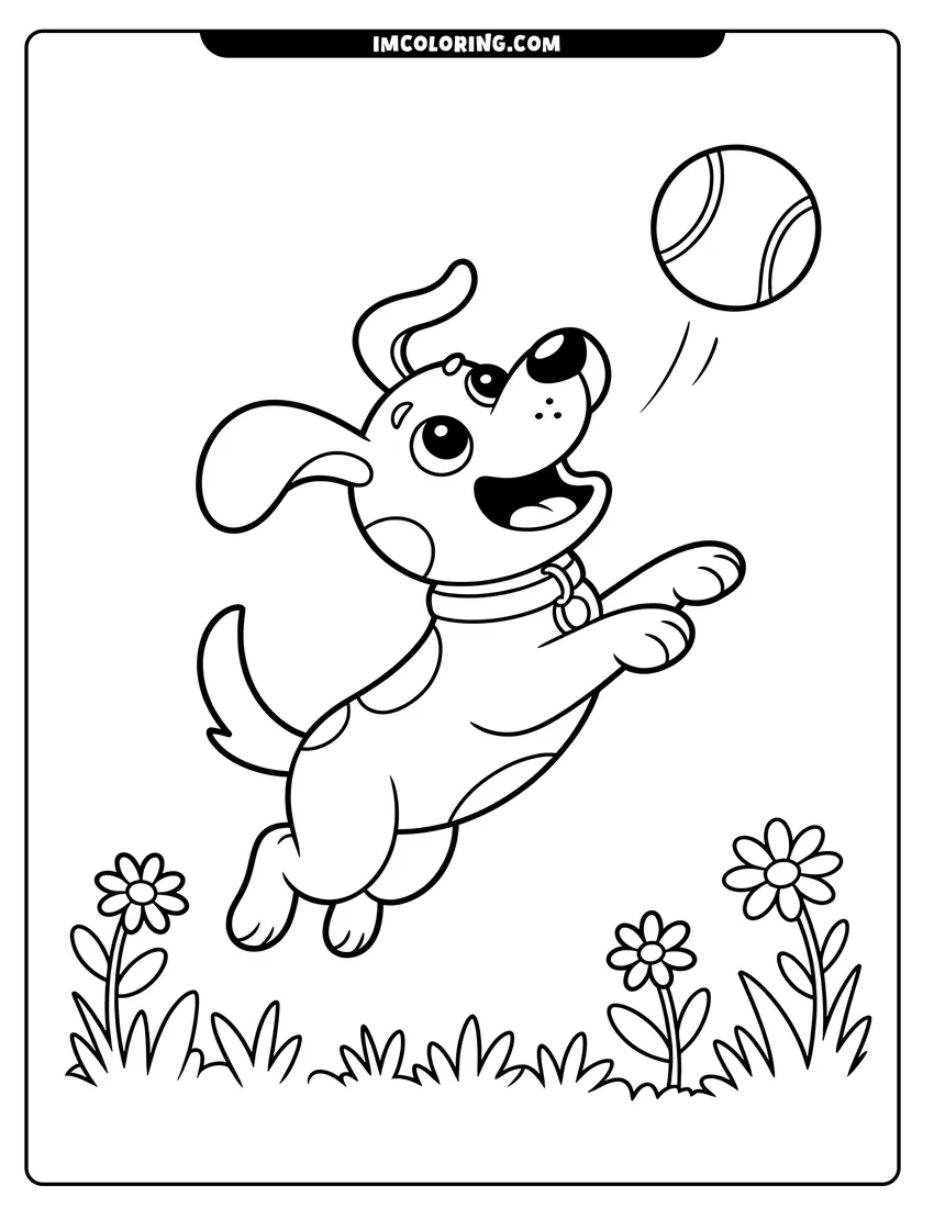 Coloring sheet featuring A happy spotted puppy jumping in a garden with flowers to catch a ball in the air