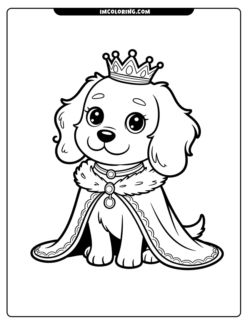 Outline drawing of A sweet puppy wearing a royal crown and a fur-trimmed cape sitting gracefully with a friendly smile