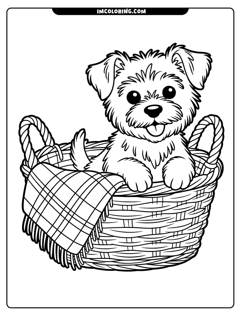 Vector style outline of A small scruffy puppy sitting inside a wicker basket with its tongue out and a plaid blanket