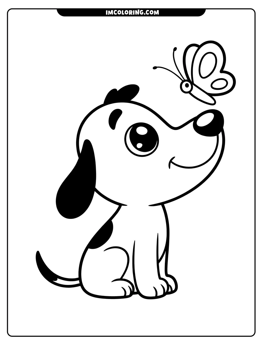 Full page coloring image of A cute cartoon puppy sitting down and looking up at a butterfly flying near its nose