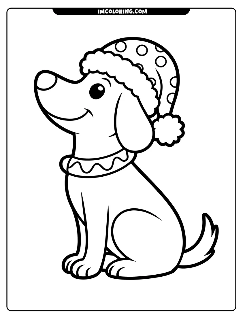 Linear illustration of A happy cartoon puppy sitting and wearing a polka-dot winter hat and a decorative collar