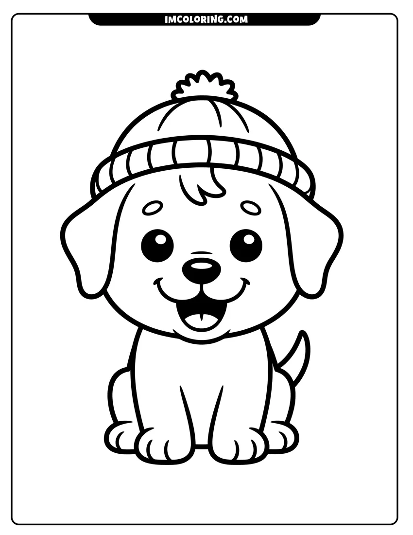 Vector style outline of A cute cartoon puppy sitting down and wearing a striped winter beanie with a pom-pom on top