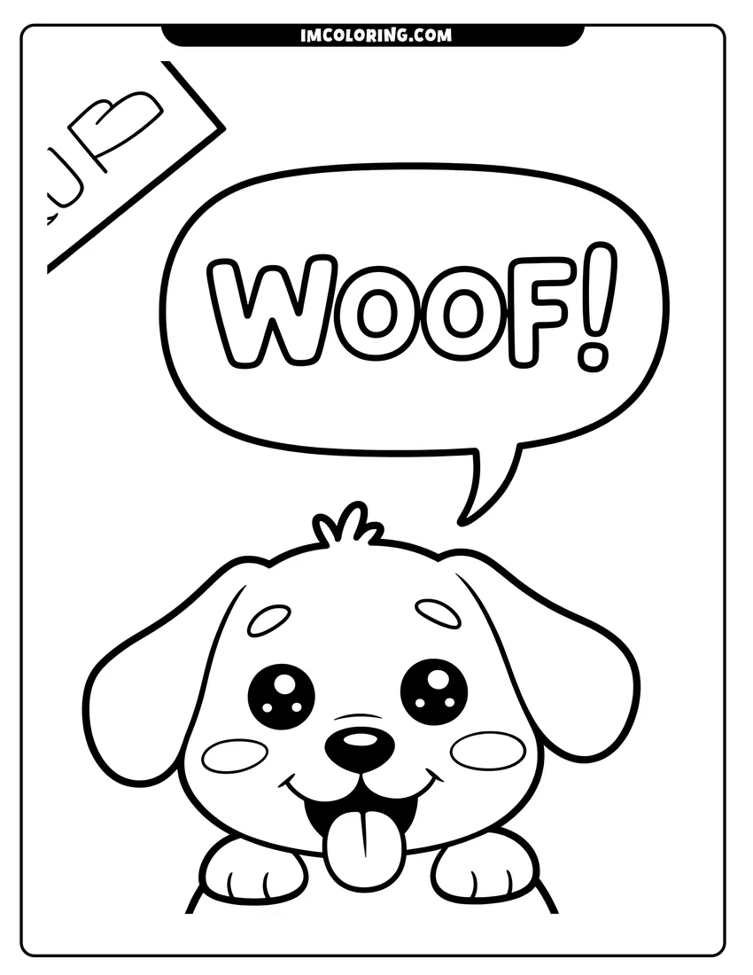 Coloring page of A cute cartoon puppy with big eyes and a speech bubble saying woof in thick black lines