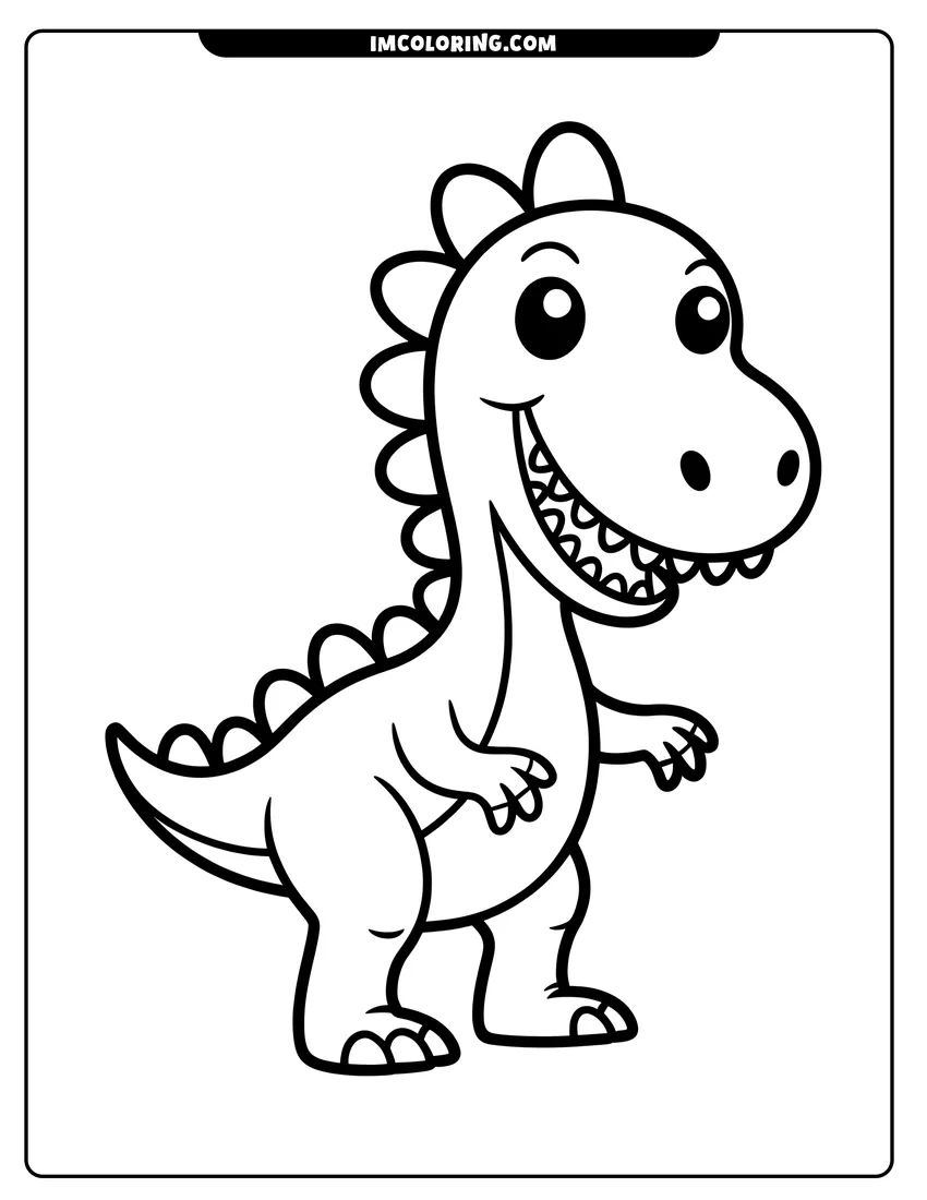 PDF style coloring page: A happy cartoon dinosaur standing and smiling with large teeth and thick black outlines on white background