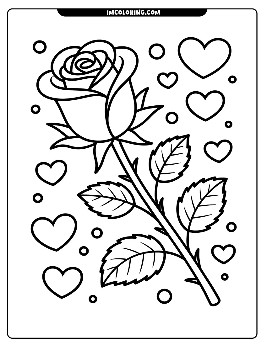 Linear illustration of A blooming rose with detailed leaves and thorns surrounded by various sizes of hearts and small circles