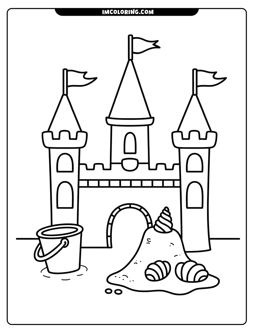 Coloring page for kids: A large sandcastle with three towers and flags next to a beach bucket and several seashells