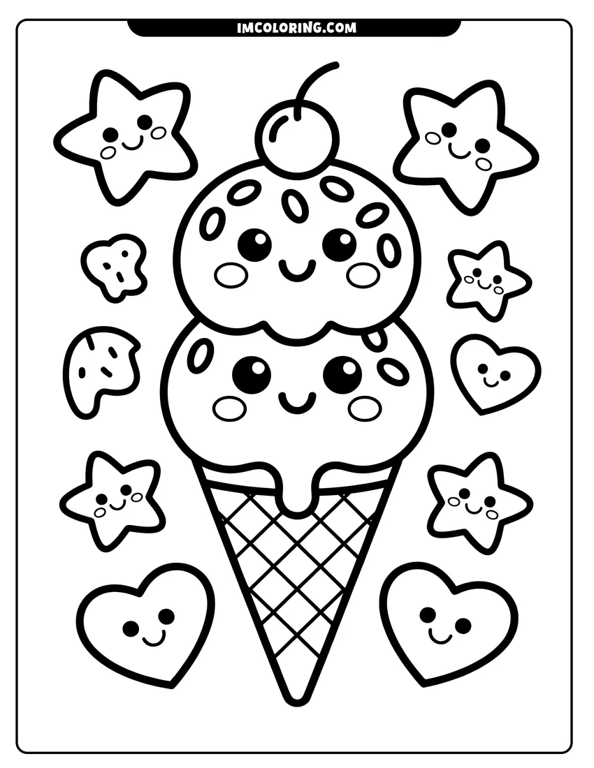 Simple sketch of A double scoop ice cream cone with cute faces surrounded by smiling stars, hearts, and sprinkles to color