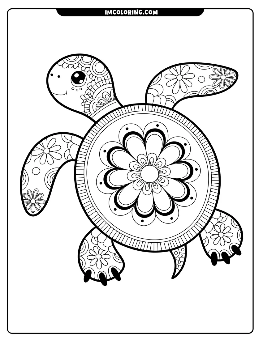 Doodle style coloring picture of A smiling turtle decorated with intricate floral mandala patterns across its shell and patterned flippers