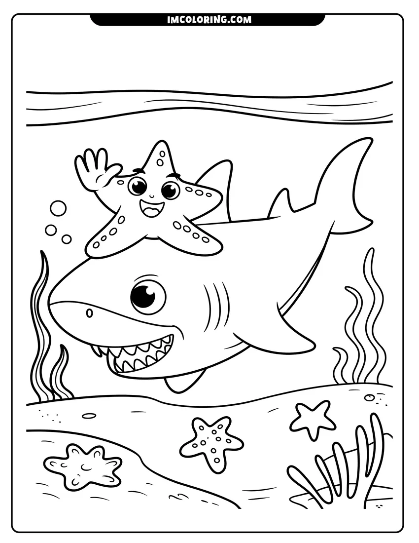 Full page coloring image of A cute cartoon shark swimming underwater with a waving starfish sitting on its head among bubbles and seaweed