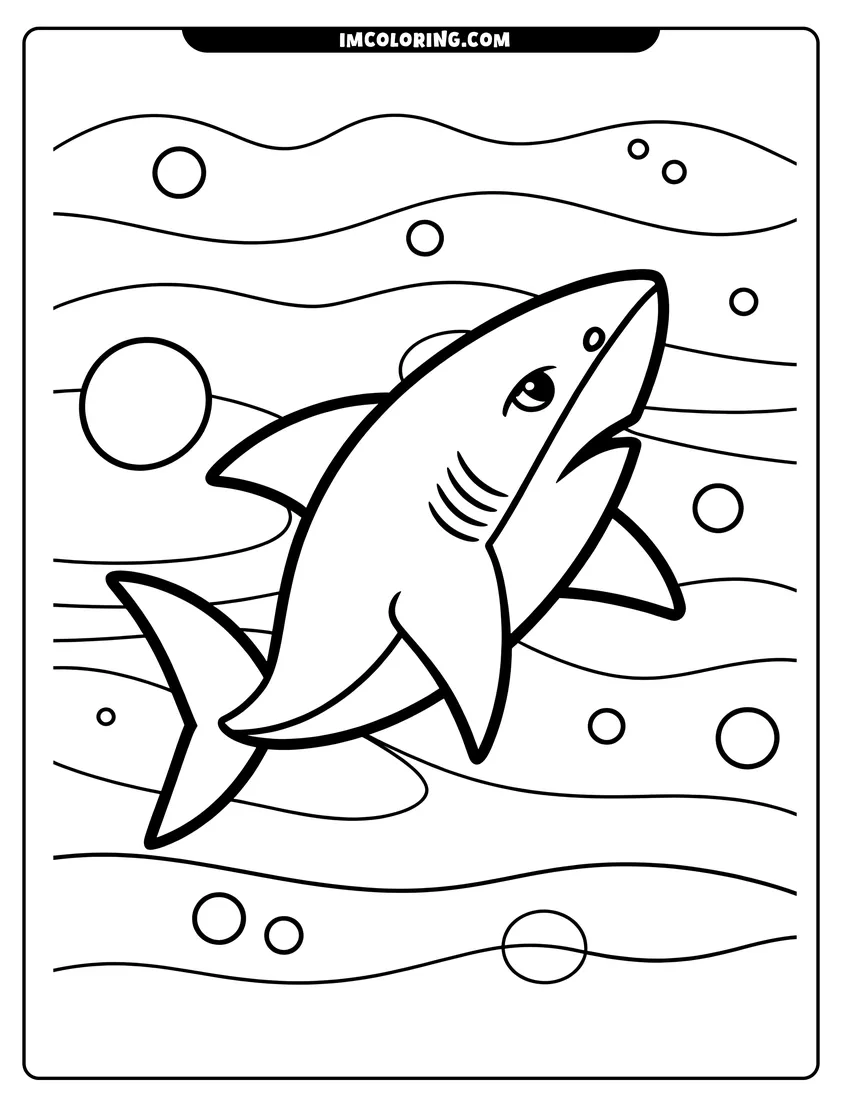 Doodle style coloring picture of A simple cartoon shark swimming through bubbles and ocean waves with bold black outlines for kids to color