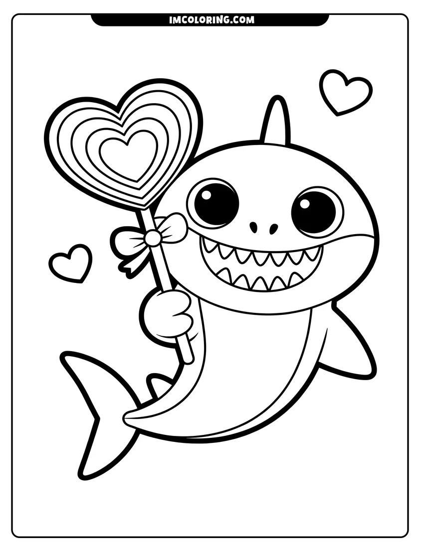 Vector style outline of A cute baby shark smiling and holding a heart-shaped lollipop wand surrounded by floating small hearts