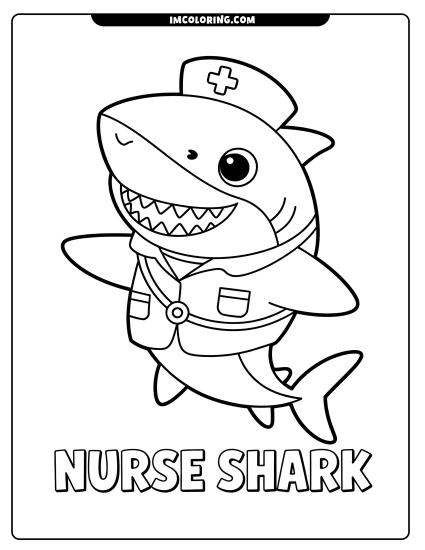 High quality printable A cute cartoon shark wearing a nurse's hat and uniform with a stethoscope swimming in the ocean for coloring