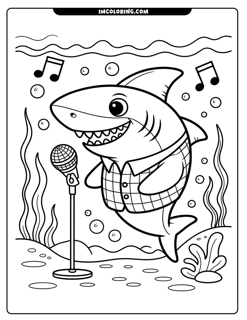 Downloadable coloring page of A friendly cartoon shark wearing a plaid shirt and singing into a microphone surrounded by music notes