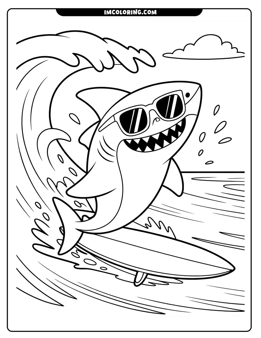Black and white line art of A smiling shark wearing sunglasses surfs on a surfboard over a large splashing ocean wave