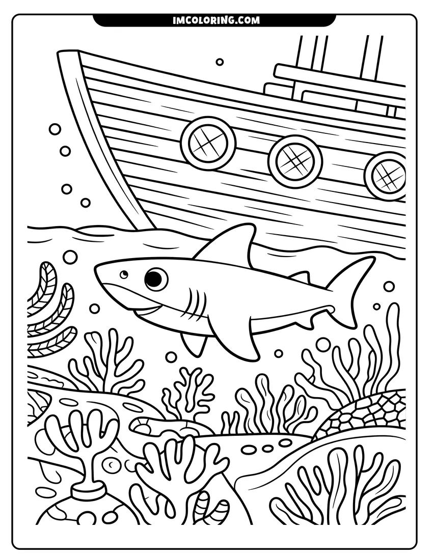 Linear illustration of A happy shark swimming through coral reefs below a large wooden ship with round portholes