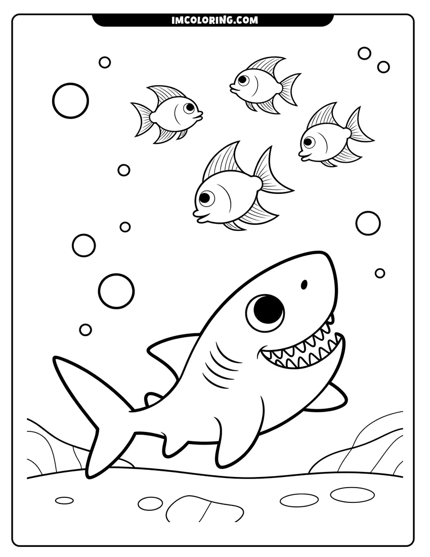 Free printable coloring sheet of A happy cartoon shark swimming on the ocean floor surrounded by four small fish and bubbles