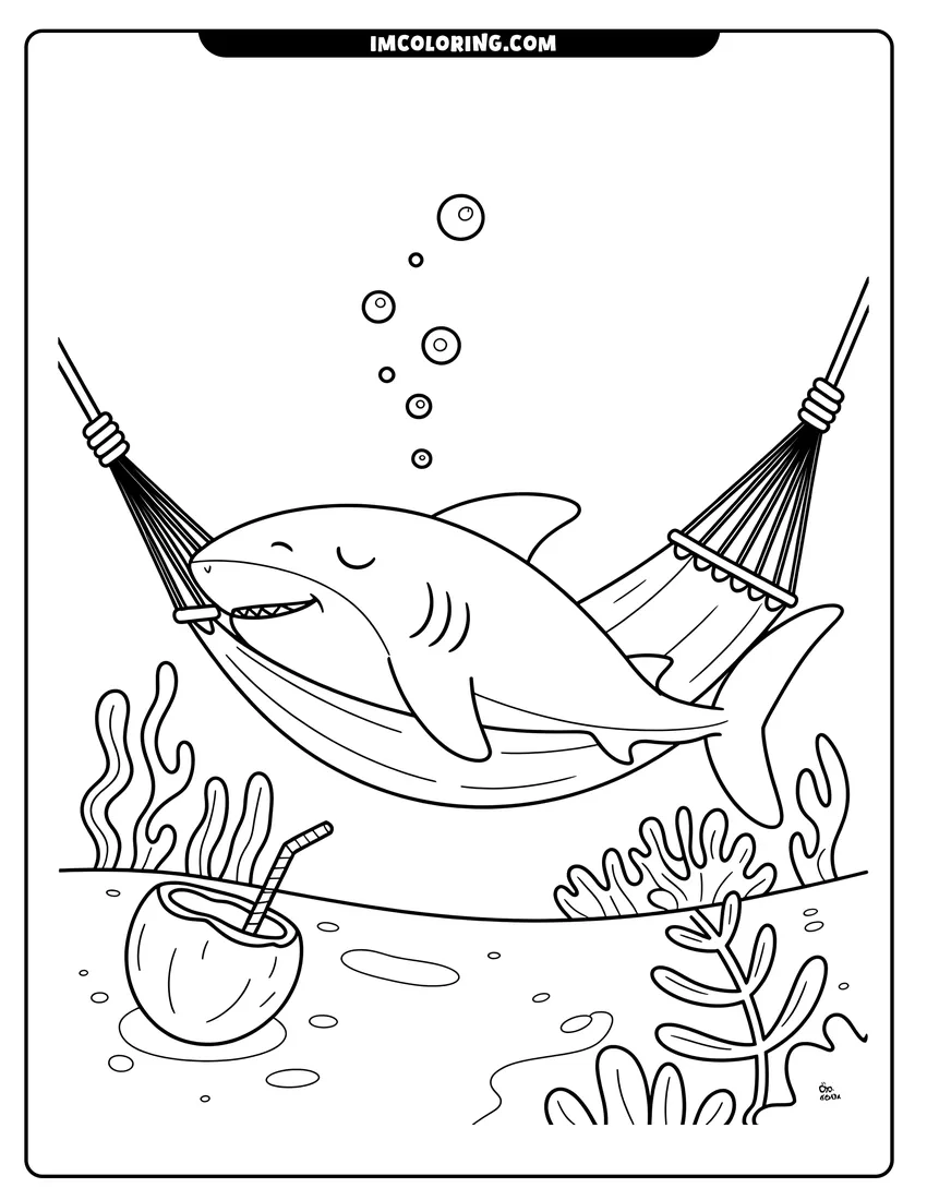 Printable line art of A happy shark sleeping in an underwater hammock with a coconut drink on the sea floor