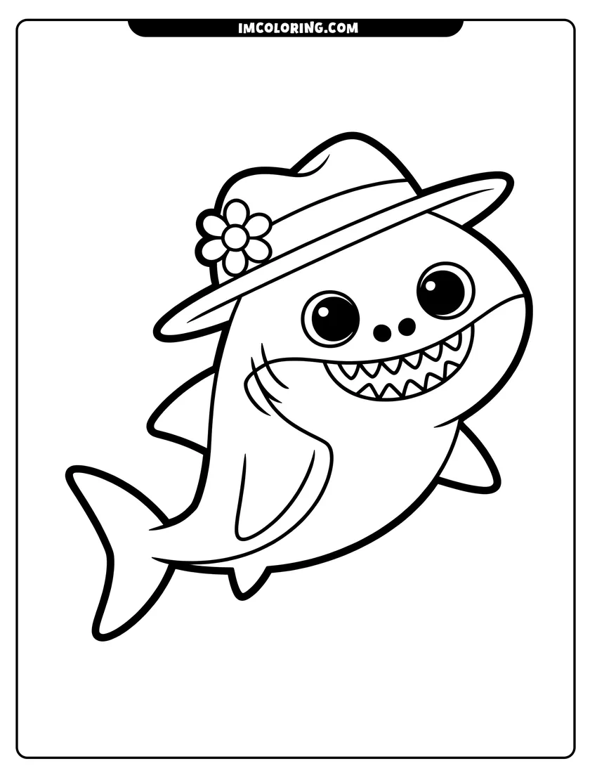 Full page coloring image of A happy baby shark smiling while wearing a sun hat decorated with a small flower