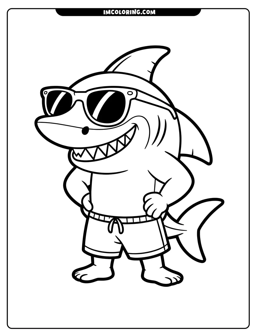 Coloring page of A smiling cartoon shark wearing sunglasses and swim trunks standing with his hands on his hips