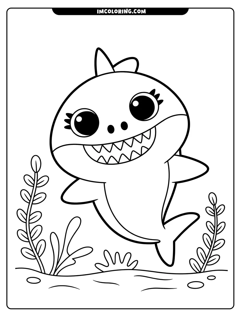 Printable line art of A cute cartoon baby shark with a bow and eyelashes swimming past seaweed on the ocean floor