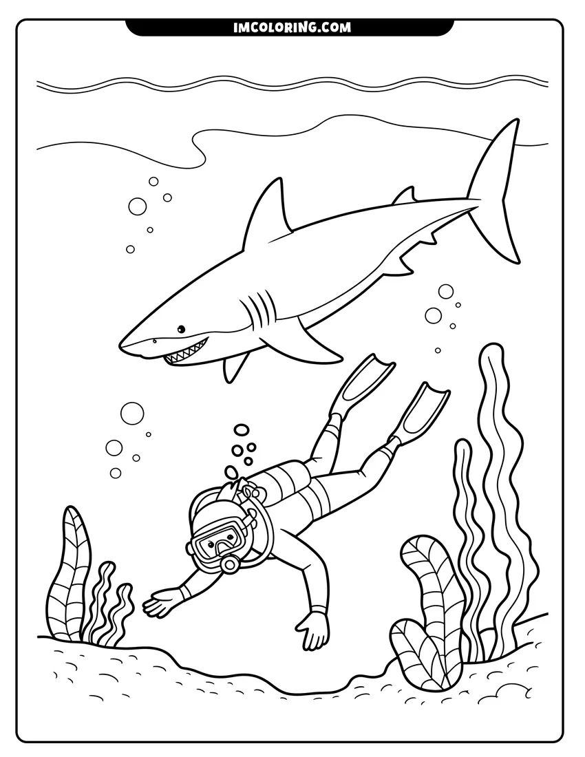 Black and white line art of A smiling shark swims peacefully above a scuba diver exploring the ocean floor with bubbles and seaweed