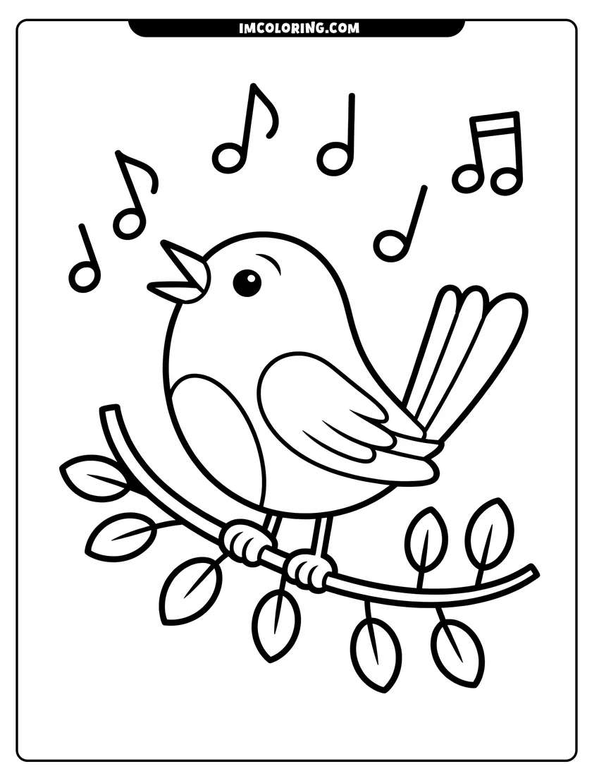 Linear illustration of A cute cartoon bird perched on a branch singing musical notes in the air